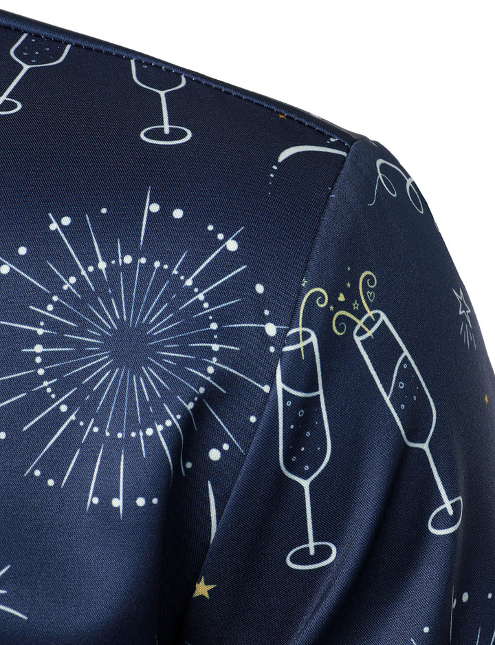 Vyriški mėlyni ilgarankoviai marškiniai su fejerverkų naujametiniu dizainu ir sagomis