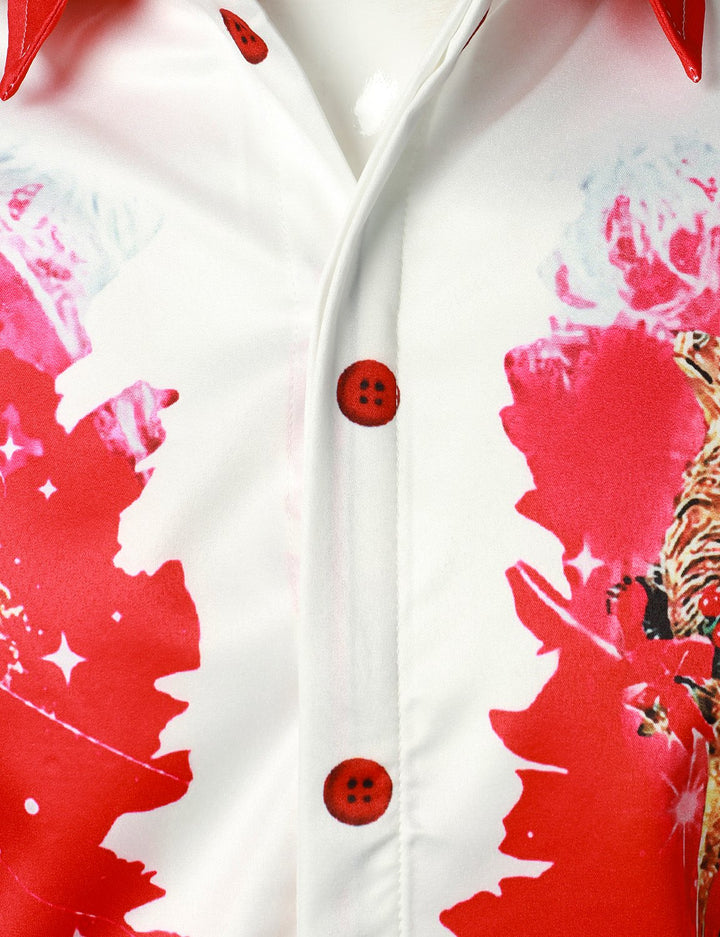 Vyriški raudoni kalėdiniai marškiniai su linksmu šventiniu dizainu ir ilgomis rankovėmis