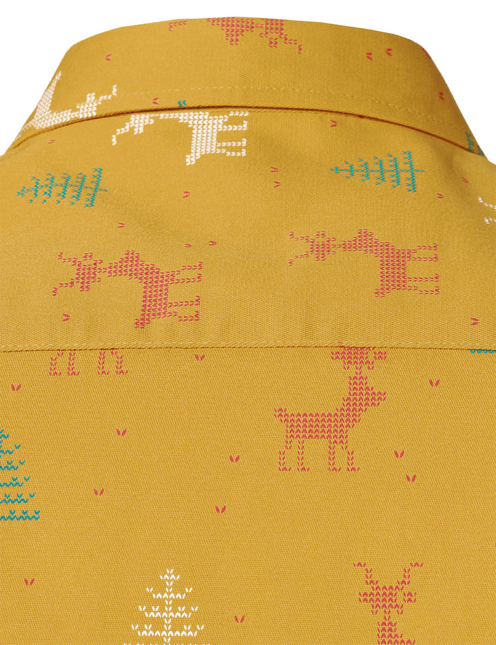 Vyriški geltoni ilgarankoviai marškiniai su kvėpuojančia kalėdine eglute ir elniu